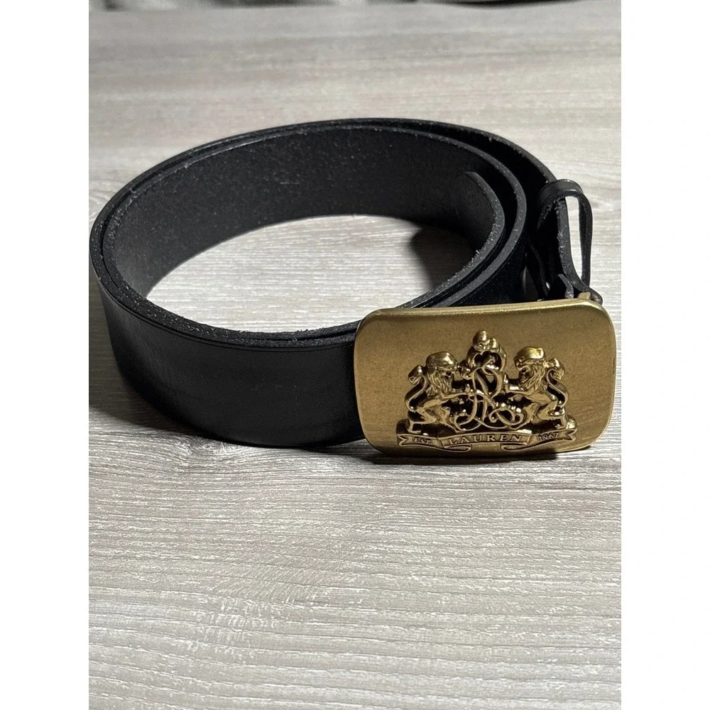 Lauren Ralph Lauren Black Leather Belt Gold Lion Crest Trophy Buckle Designer